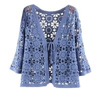 KIJSKKOPO Damen Spitzen Bolero, Häkel Cardigan, 3/4 Ärmel, Transparenter Cardigan mit Bindeband Vorne, Cape, Elegante Überwürfe, Blusen, Schals, Wickeltücher für Kleider, Abendgarderobe,