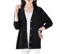 KIJSKKOPO Damen Strickcardigan Aus Eisseide Mit Chevron Muster, Langärmelig, V Ausschnitt, Knopfleiste, Leichter, Lässiger, Kurzer Sommerpullover für Alltag, Arbeit, Strandurlaub, Schwarz, Größe Xs