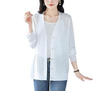 KIJSKKOPO Damen Strickcardigan Aus Eisseide Mit Chevron Muster, Langärmelig, V Ausschnitt, Knopfleiste, Leichter, Lässiger, Kurzer Sommerpullover für Alltag, Arbeit, Strandurlaub, Weiß, Größe L