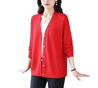 KIJSKKOPO Damen Strickcardigan Aus Eisseide Mit Chevron Muster, Langärmelig, V Ausschnitt, Knopfleiste, Leichter, Lässiger, Kurzer Sommerpullover für Alltag, Strandurlaub, Rot, Größe Xs