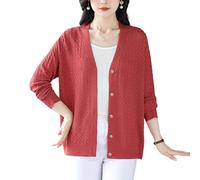 KIJSKKOPO Damen Strickcardigan Aus Eisseide Mit Chevron Muster, Langärmelig, V Ausschnitt, Knopfleiste, Leichter, Lässiger, Kurzer Sommerpullover für Alltag, Strandurlaub, Dunkelrosa, Größe L