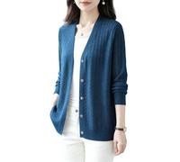 KIJSKKOPO Damen Strickcardigan Aus Eisseide Mit Chevron Muster, Langärmelig, V Ausschnitt, Knopfleiste, Leichter, Lässiger, Kurzer Sommerpullover für Alltag, Arbeit Und Strandurlaub, Marineblau,