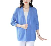 KIJSKKOPO Damen Strickcardigan Aus Eisseide Mit Chevron Muster, Langärmelig, V Ausschnitt, Knopfleiste, Leichter, Lässiger, Kurzer Sommerpullover für Alltag, Strandurlaub, Blau, XL