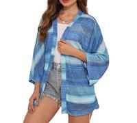 KIJSKKOPO Damen Strickjacke Mit 3/4 Ärmeln Und Offener Vorderseite, Blau, Regenbogen Streifen, Zopfmuster, Leichte Jacke, Lässig, Elegant, Shrug Cardigans, Weicher Mantel, Oberteile, Überwurf, Bl