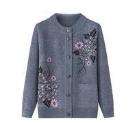KIJSKKOPO Damen Strickjacke,Strickjacken für Ältere Menschen Mittleren Alters Und Senioren, Grüner Rundhalsausschnitt, Knopf, Pfingstrosenblume, Jacquard Strickpullovermantel Mit Tasche, Alte Dam