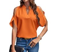 KIJSKKOPO Damenbluse mit Cut Out Schultern und V Ausschnitt, Einfarbig, Kurzärmelig, Locker Geschnitten, Tunika Top, Elegantes Chiffon Shirt für Den Sommer, Ideal für Büro, Freizeit und Beruf, O