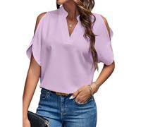 KIJSKKOPO Damenbluse mit Cut Out Schultern und V Ausschnitt, Einfarbig, Kurzärmelig, Locker Geschnitten, Tunika Top, Elegantes Chiffon Shirt für Den Sommer, Ideal für Büro, Freizeit und Beruf, L