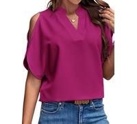 KIJSKKOPO Damenbluse mit Cut Out Schultern und V Ausschnitt, Einfarbig, Kurzärmelig, Locker Geschnitten, Tunika Top, Elegantes Sommerblusen Chiffon Shirt für Büro, Freizeit und Beruf, Lila Rot, G