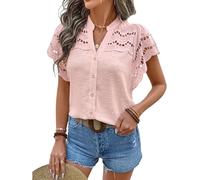 KIJSKKOPO Damenbluse mit Lochstickerei, Knopfleiste, V Ausschnitt, Schweizer Punktmuster, Kurzarm, Tunika Top, Lässiges Boho Stil Top, Figurbetont, Sommerbluse für Alltag, Strandurlaub, Rosa, Xs
