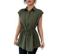 KIJSKKOPO Damenbluse mit Reverskragen, Ärmellos, mit Kordelzug In Der Taille, Beige, Einfarbig, Kurze Ärmel, Knopfleiste, Tunika Oberteil, Lässiges Sommer Oberteil, Locker Geschnitten, Arbeitsblu