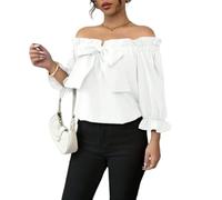 KIJSKKOPO Damenbluse mit Schulterfreiem Schnitt, Schleife, Rüschenbesatz, 3/4 Puffärmeln, Chiffon Top, Lässiges Sommer T Shirt In Schmaler Passform, Ideal für Alltag, Arbeit, Party, Club und URL