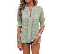 KIJSKKOPO Damenbluse mit Schweizer Punktstickerei, 3/4 Puffärmeln, V Ausschnitt, Tunika Tops mit Gesmokten Bündchen, Lässiges, Locker Geschnittenes Sommer Boho Shirt für Alltag, Arbeit und Urlau