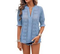 KIJSKKOPO Damenbluse mit Schweizer Punktstickerei, 3/4 Puffärmeln, V Ausschnitt, Tunika Tops mit Gesmokten Bündchen, Lässiges, Locker Geschnittenes Sommer Boho Shirt für Alltag, Arbeit und Urlau