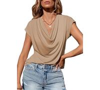 KIJSKKOPO Damenbluse, Sommer, Elegant, Lässig, Wasserfallausschnitt, Kurzarm, Tunika, Frühling, Business, Büro, Schick, Khaki, Größe M