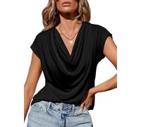 KIJSKKOPO Damenbluse, Sommer, Elegant Und Lässig, Wasserfallausschnitt, Kurzarm, Tunika, Frühling, Business, Büro, Schick, Schwarz, Größe M