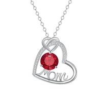 KIJSKKOPO Halskette für Mutter, Geschenk Vom Sohn, Silberner Herzanhänger mit Dem Schriftzug „Mom“ und Rundem Zirkonia, Schmuckgeschenk Zum Muttertag, Geburtstag, Jahrestag Oder Weihnachten, Rot