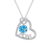 KIJSKKOPO Halskette für Mutter, Geschenk Vom Sohn, Silberner Herzanhänger mit Dem Schriftzug „Mom“ und Rundem Zirkonia, Schmuckgeschenk Zum Muttertag, Geburtstag, Jahrestag Oder Weihnachten, Blau