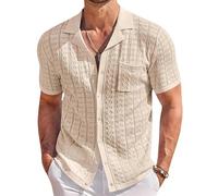 KIJSKKOPO Herren Strickjacke mit Kurzen Ärmeln, Khakifarbenes Tennishemd mit Kubanischem Kragen Und Knopfleiste, Hohles Fischgrätmuster, Strickwaren, Sommer, Lässiges, Lockeres Oberteil für Allt