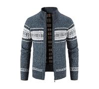 KIJSKKOPO Herren Strickjacken mit Reißverschluss, Grauer Stehkragen, Schneeflockenstreifen, Rippstrickpullover, Warmer, Wollgefütterter Ethno Winterpullover mit Taschen, Lässiger, Schmal Geschnit