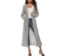 KIJSKKOPO Maxi Strickjacken für Damen, Beige Weiß, Lange Ärmel, Offene Vorderseite, Seitenschlitze, Zopfmuster, Leichte Jacke Mit Taschen, Lässig, Elegant, Dünn, Trenchcoats, Grau, XXL