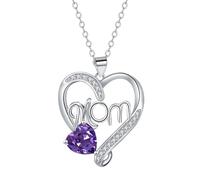KIJSKKOPO Muttertagskette für Mama, Silberner Herzanhänger mit Dem Schriftzug „Mom“ und Herzförmigem Zirkonia, Lila, Geschenkidee Zum Muttertag Oder Geburtstag für Mama Von Tochter Oder Sohn