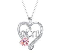 KIJSKKOPO Muttertagskette für Mama, Silberner Herzanhänger mit Dem Schriftzug „Mom“ und Herzförmigem Zirkonia, Schmuckgeschenk Zum Muttertag Oder Geburtstag Von Tochter Oder Sohn, Rosa