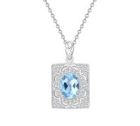 KIJSKKOPO Quadratische Halskette Aus 925Er Sterlingsilber, Hohle Blumen Eingelegt, Roter Ovaler Zirkonia Anhänger mit Geburtsstein, Verstellbare Halskette, Schmuck, Hochzeitsfeier, Edelsteingeschen