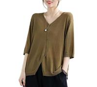 KIJSKKOPO Sommerlicher Bolero Cardigan Aus Eisseide für Damen, Schlicht, Halblang, V Ausschnitt, Knopfleiste, Leichte, Offene Strickjacke, Lässiger Überwurf für Den Strand, Braun Grün, Größe S