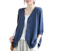 KIJSKKOPO Sommerlicher Bolero Cardigan Aus Eisseide für Damen, Schlicht, Halblang, V Ausschnitt, Knopfleiste, Leichte, Offene Strickjacke, Lässiger Überwurf für Den Strand, Blau, Größe L