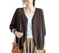 KIJSKKOPO Sommerlicher Bolero Cardigan Aus Eisseide für Damen, Schlicht, Halblang, V Ausschnitt, Knopfleiste, Leichte, Offene Strickjacke, Lässiges Überwurf Modell für Den Strand, Braun, XXL