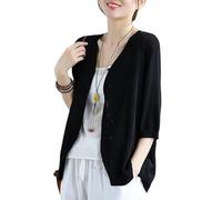 KIJSKKOPO Sommerlicher Bolero Cardigan Aus Eisseide für Damen, Schlicht, Halblang, V Ausschnitt, Knopfleiste, Leichte, Offene Strickjacke, Lässiger Überwurf für Den Strand, Schwarz, Größe M