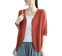 KIJSKKOPO Sommerlicher Bolero Cardigan Aus Eisseide für Damen, Schlicht, Halblang, V Ausschnitt, Knopfleiste, Leichte, Offene Strickjacke, Lässiges Überwurf Modell für Den Strand, Orange, XL