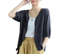 KIJSKKOPO Sommerlicher Bolero Cardigan Aus Eisseide für Damen, Schlicht, Halblang, V Ausschnitt, Knopfleiste, Leichte, Offene Strickjacke, Lässiger Überwurf für Den Strand, Grau, Xs