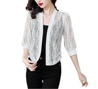 KIJSKKOPO Sommerlicher Bolero Cardigan Mit Blättermuster, Transparent, 3/4 Ärmel, Leicht, Vorne Offen, Elegant, Mit Lochmuster, Kurzes Überwurf Oberteil Aus Spitze, Ideal für Alltag, Party Oder