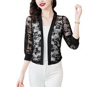 KIJSKKOPO Sommerlicher Bolero Cardigan Mit Transparentem Blumenmuster Und Spitze für Damen, 3/4 Ärmel, Offene Vorderseite, Leicht, Eleganter, Kurzer Cardigan Aus Luftigem Netzgewebe, Perfekt für