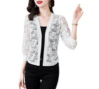 KIJSKKOPO Sommerlicher Bolero Cardigan Mit Transparentem Blumenmuster Und Spitze für Damen, 3/4 Ärmel, Offene Vorderseite, Leicht, Eleganter, Kurzer Cardigan Aus Luftigem Netzgewebe, Perfekt für