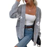 KIJSKKOPO Weihnachts Strickjacke Aus Chenille für Damen, Beige, Langärmelig, V Ausschnitt, Knopfleiste, Schneeflocke, Gewellter Strickpullover, Jacke, Herbst Winter, Schmal, Warm, Strickmantel, Ob