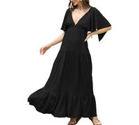 Kikibell Damen-Sommerkleid, sexy V-Ausschnitt, Maxikleid, gestufte Silhouette mit Flatterärmeln, rückenfrei, elastische Taille, fließendes Kleid, Schwarz, Mittel