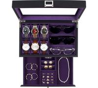 KILHS Uhrenbox für 6 Uhren und 3 Sonnenbrillen, Watch Box mit Glasdeckel, Schmuckaufbewahrung Herrn, doppelter Platz für Ringe, Ohrringe usw., mit Schlüsselschloss, Geschenk, KS-A39BP