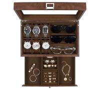 KILHS Uhrenbox für 6 Uhren und 3 Sonnenbrillen, Watch Box mit Glasdeckel, Schmuckaufbewahrung Herrn, doppelter Platz für Ringe, Ohrringe usw., mit Schlüsselschloss, Geschenk, Braun