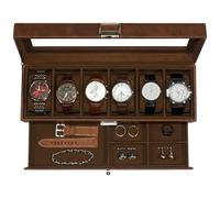 KILHS Uhrenbox mit 6 Fächern,Uhrenbox mit Glasdeckel,Uhrenaufbewahrung Box mit 1 Schublade zur Aufbewahrung von Schmuck, Ringen, Manschettenknöpfen usw.Braun