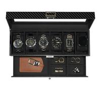 KILHS Uhrenbox mit 6 Fächern,Uhrenbox mit Glasdeckel,Uhrenaufbewahrung Box mit 1 Schublade zur Aufbewahrung von Schmuck, Ringen, Manschettenknöpfen usw.Schwarz-Schwarz