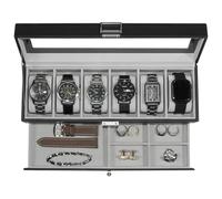 KILHS Uhrenbox mit 6 Fächern,Uhrenbox mit Glasdeckel,Uhrenaufbewahrung Box mit 1 Schublade zur Aufbewahrung von Schmuck, Ringen, Manschettenknöpfen usw.Schwarz-Grau