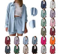 KILOXYEFRO Damen Musselin Bluse, Elegant & Oversize, Sommer Tunics, T-Shirt Kurzarm, Leinen Knopf Bluse, Lange Oversized T-Shirt, Casual für Leggings, Blau, XXL