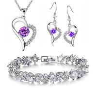 Kim Johanson Damen Schmuckset *Purple Heart* in Silber I Halskette mit Anhänger & Ohrringen aus Edelstahl I Armband rhodiniert I Mit weißen Kristallen besetzt inkl. Schmuckbeutel