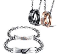 Kim Johanson Edelstahl Pärchen Schmuckset Armbänder & Ketten "Joy" für verliebte Roségold & Schwarz mit Cubic Zirkonia inkl. Schmuckbeutel