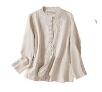 KIMCCI Blazer Damen Elegant,Baumwoll-Leinen-Blazer Anzug Sommer Langarm Folk-Custom Cardigan Kragenlos Arbeit Casual Blazer Anzüge Jacke Für Damen Leichte Durchscheinende Anzugjacke,Beige,S