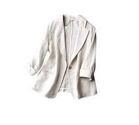 KIMCCI Blazer Damen Elegant,Baumwoll-Leinen-Blazer-Jacke Anzug Sommer 3/4-Ärmel Strickjacke Vorne Offen Kerbtasche Arbeit Business Casual Blazer Anzüge Jacke Für Damen Leichte Anzugjacke,Apricot,L