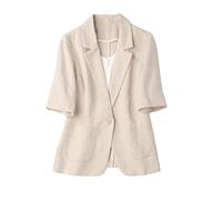 KIMCCI Blazer Damen Elegant,Eleganter Kurzarm-Blazer Baumwoll-Leinen-Bolero Leichte Sommerjacken Fallendes Revers Tasche Slim Fit Business Bürojacke Anzüge Strickjacke Für Mädchen Damen,Apricot,L