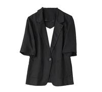 KIMCCI Blazer Damen,Elegante Kurzarm-Blazerjacke Baumwoll-Leinen-Bolero Leichte Sommerjacken Fallendes Revers Tasche Slim Fit Business-Bürojacke Anzüge Strickjacke Für Mädchen Damen,Schwarz,L